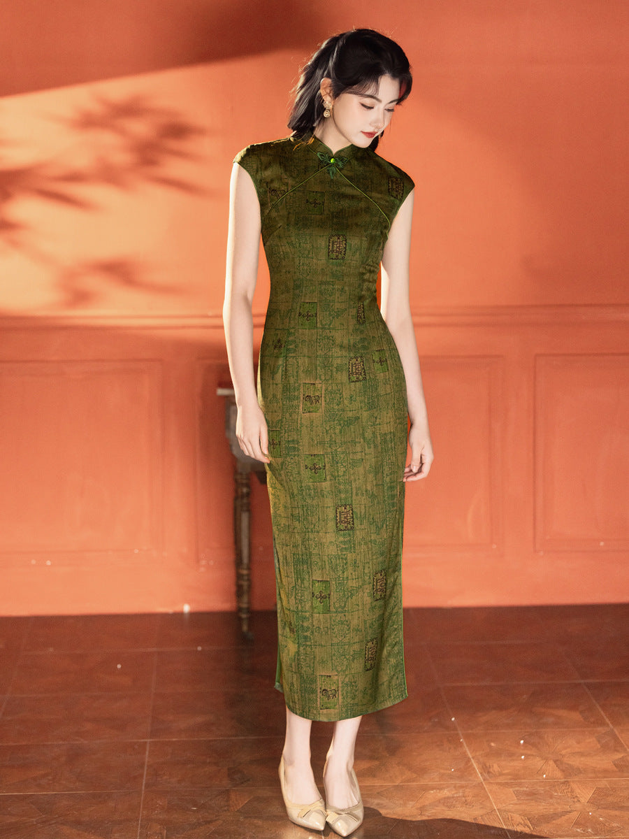 Green Jacquard Sleeveless Qipao Dress | Mandarin Collar Slim Maxi Cheongsam