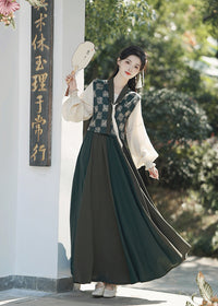 Spring Tang-Style Blouse & Eight-Panel Skirt Set | Deep-Green Patchwork Vest, Lantern Sleeves, High-Waist Flowing Maxi