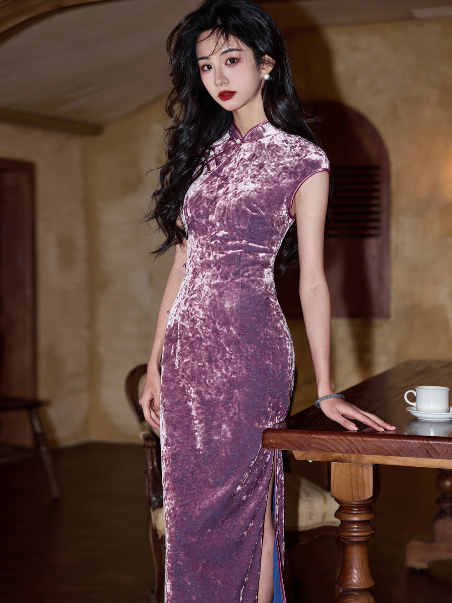 Purple Qipao Dress Slim-Fit Maxi Cheongsam with Mandarin Collar Frog Buttons