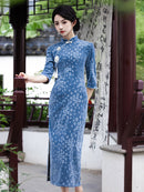 Blue Autumn-Winter Vintage Long-Sleeved Cheongsam Dress