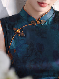 Deep Teal Floral Qipao Dress | Modern Chinese Sleeveless Mandarin Collar Slim Midi Dress