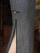 Grey Sleeveless Slim Mandarin Qipao Dress with Black Piping Pearl Frog Buttons Side Slit