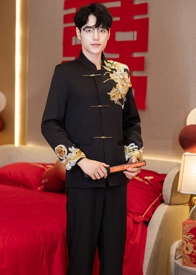 Summer Black Mandarin Collar Zhongshan Suit with Dragon for Wedding
