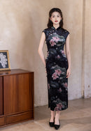 Black Vintage Floral Qipao Maxi | Mandarin Collar & Frog Buttons