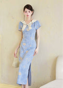 Blue Sailor Bow Qipao Dress | Slim Side-Slit, Retro Chic
