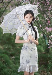 Light Bamboo Leaf Floral Qipao Dress for Women | Mandarin Collar Frog Button Slim Fit with Ruffle Detail