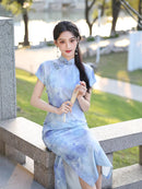 Blue Ink-Shadow Print Sleeveless Qipao Dress | Mandarin Collar Slim Maxi Cheongsam