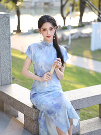 Blue Ink-Shadow Print Sleeveless Qipao Dress | Mandarin Collar Slim Maxi Cheongsam