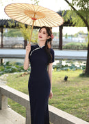 Navy Minimalist Short Sleeve Qipao Dress | Mandarin Collar Slim Maxi Cheongsam