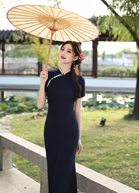 Navy Minimalist Short Sleeve Qipao Dress | Mandarin Collar Slim Maxi Cheongsam