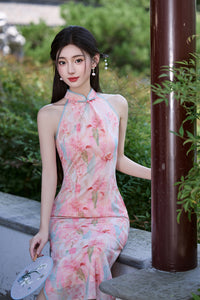Sleeveless Slim Qipao | Watercolor Print Modern Cheongsam Maxi