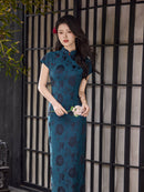 Teal Blue Rose Jacquard Short Sleeve Qipao Maxi Dress | Mandarin Collar Slim Slit Cheongsam