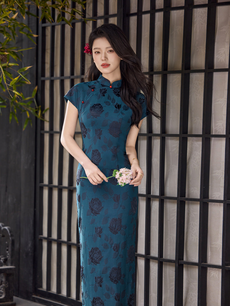 Teal Blue Rose Jacquard Short Sleeve Qipao Maxi Dress | Mandarin Collar Slim Slit Cheongsam