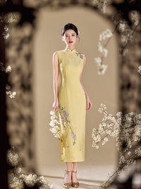 Yellow Jacquard Sleeveless Qipao Maxi Dress | Mandarin Collar Slim Slit Cheongsam