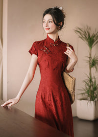 Wine Red Jacquard Mandarin Qipao Dress | A-Line Slim Waist Layered Pleated Tassel Skirt New Chinese Style