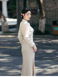 White Gold-Embroidered Winter Modern Qipao Elegant for Work & Banquets