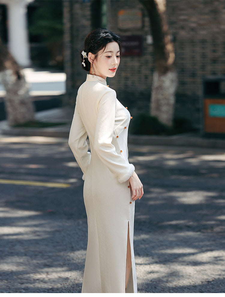 White Gold-Embroidered Winter Modern Qipao Elegant for Work & Banquets