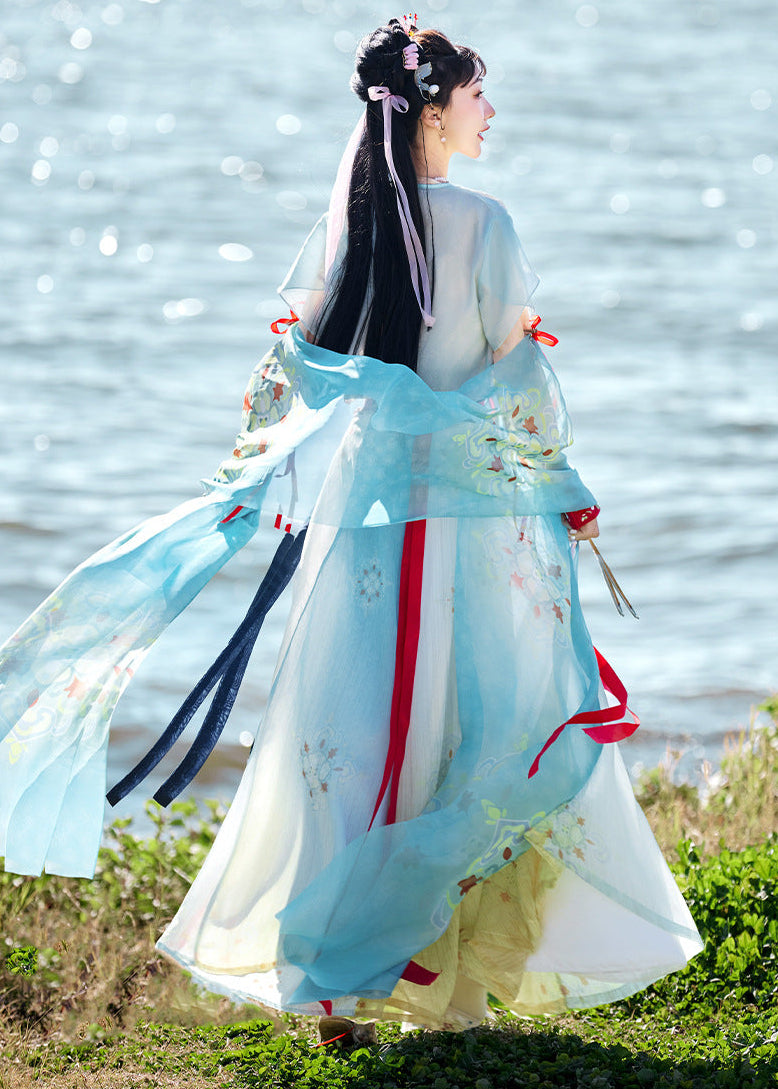 Sheer Shawl Hanfu Set | Embroidered Jacket & Chest-High Skirt