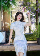 Fresh Watercolor Floral Qipao Long Dress | Short-Sleeve Slim Fit