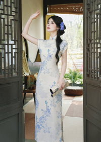 Ivory Blue Floral Qipao Dress | Mandarin Collar Slim Split Cheongsam Maxi