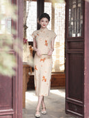 Playful Horse Print Qipao | Cream Vintage Chinese Cheongsam Midi Dress