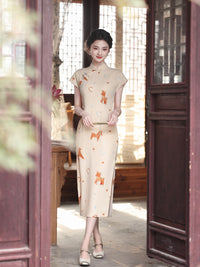 Playful Horse Print Qipao | Cream Vintage Chinese Cheongsam Midi Dress
