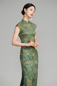Shanghai Vintage Style Jacquard Satin Qipao | Sleeveless Long Cheongsam
