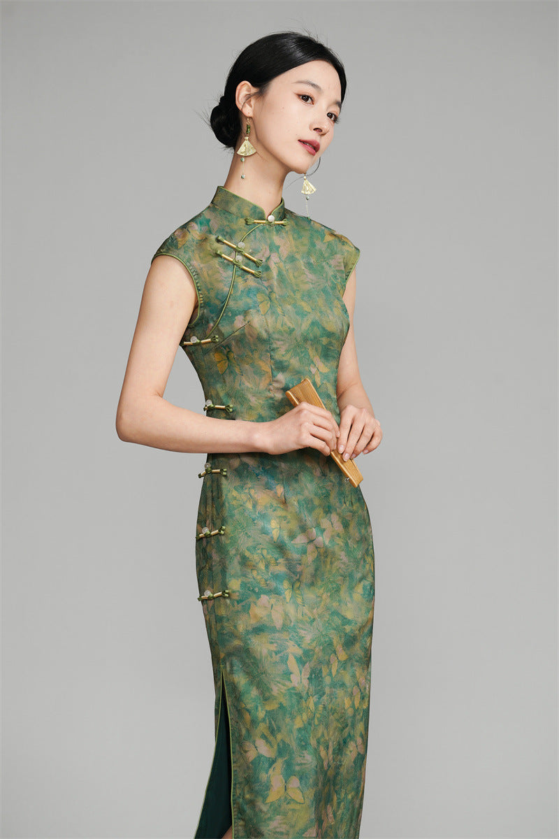 Shanghai Vintage Style Jacquard Satin Qipao | Sleeveless Long Cheongsam