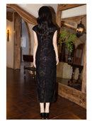 Black Gold Lace Embroidered Vintage Qipao Dress | High Waist Slim Fit Design