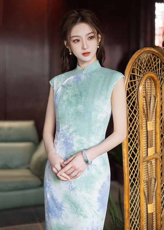 Chinese Ink Print Brocade Qipao | Slim-Fit Mandarin Collar Cheongsam