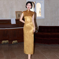 New Chinese Gold Jacquard Qipao Dress | Cap Sleeve Mandarin Collar Frog Button High Slit Maxi Gown