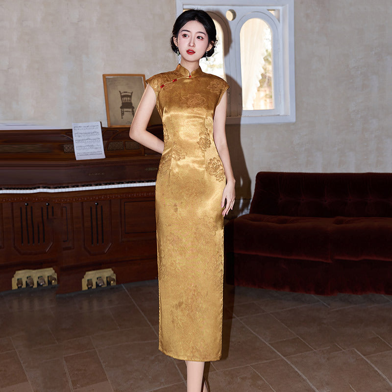 New Chinese Gold Jacquard Qipao Dress | Cap Sleeve Mandarin Collar Frog Button High Slit Maxi Gown