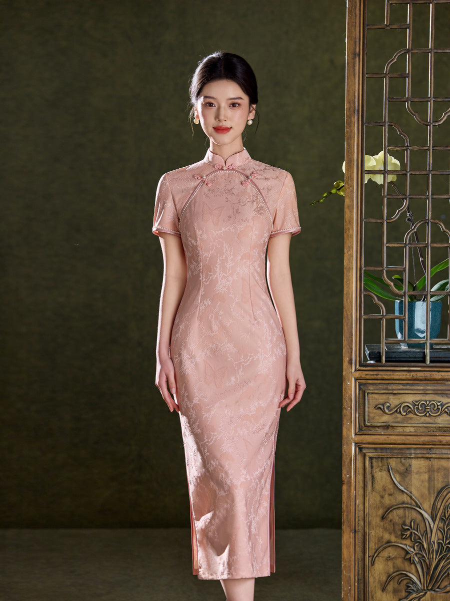 Champagne Pink Tonal Jacquard Short Sleeve Qipao Maxi Dress | Mandarin Collar Slit Cheongsam