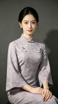 Purple Velvet Petal Sleeve Qipao Dress | Slim Mandarin Maxi