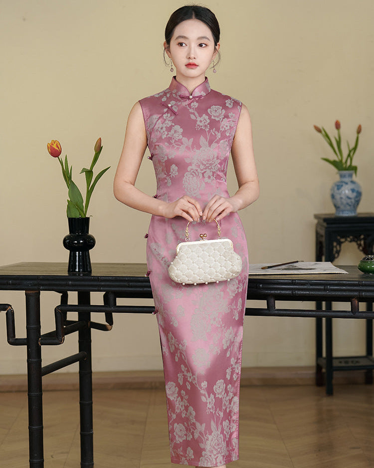 Pink Jacquard Peony Qipao Dress | Sleeveless Mandarin Collar Slim Midi Cheongsam