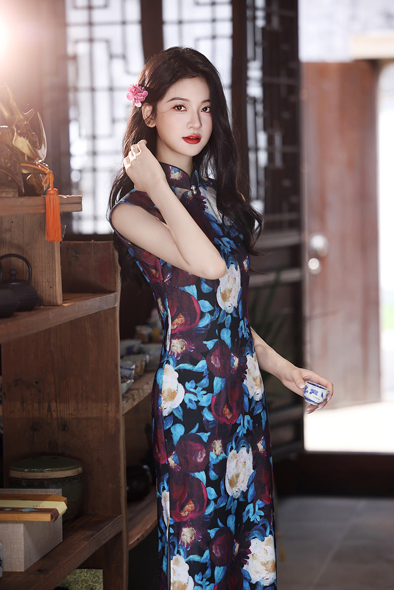 New Chinese Vintage Oil-Paint Floral Qipao Dress Black Base Blue Burgundy