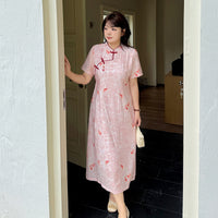 Pink Koi Print New Chinese Style Qipao Dress Plus Size Blush Colour | Mandarin Collar Frog Buttons Side Slit Long Cheongsam