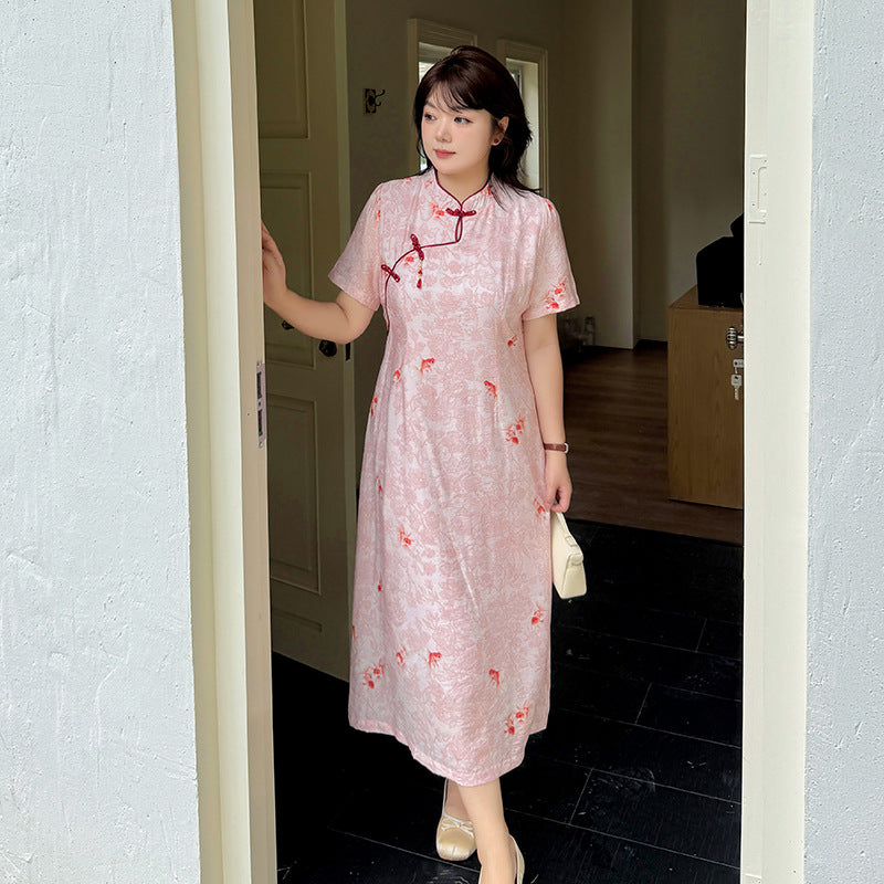 Pink Koi Print New Chinese Style Qipao Dress Plus Size Blush Colour | Mandarin Collar Frog Buttons Side Slit Long Cheongsam