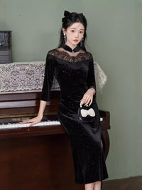 Black Lace-Paneled Qipao | Modern Mandarin, Slim Mid-Length Evening Dress