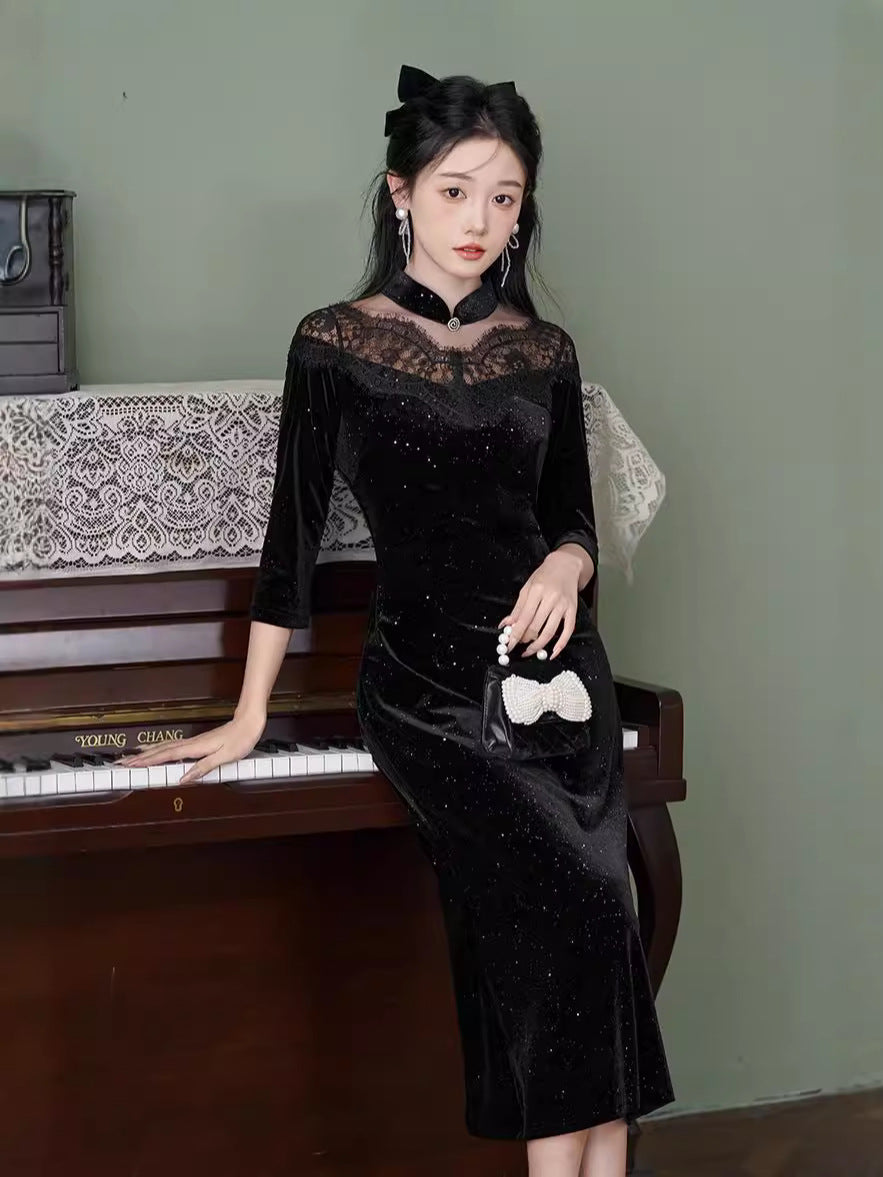 Black Lace-Paneled Qipao | Modern Mandarin, Slim Mid-Length Evening Dress