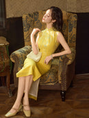 Butter Yellow Floral Embroidered Sleeveless Qipao Maxi Dress