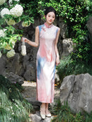 Watercolor Ombre Sleeveless Qipao Maxi | Pink–Blue Mandarin Collar