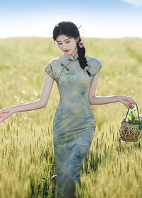 Spring Sleeveless Green Qipao Long Dress | Watercolor Floral