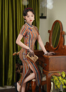 Modern Chinese Retro Striped Qipao Dress | Mandarin Collar Frog Buttons Slim Midi Side Slit