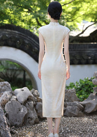 Beige Jacquard New-Chinese Sleeveless Qipao Dress | Sleek Elegant Maxi for Summer