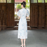 Blue Floral Collar Daily Qipao Dress | Elegant Flowing Dress For Summer