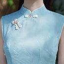 Aqua Jacquard Modern Qipao Maxi | Mandarin Neck with Floral Frog Buttons