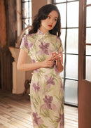 Breathable Linen-Feel Floral Qipao | Soft Green & Lilac Iris