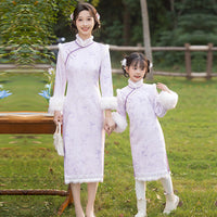 Mother & Daughter Matching Winter Cheongsam Set – Elegant Fur Trimmed Hanfu Dress