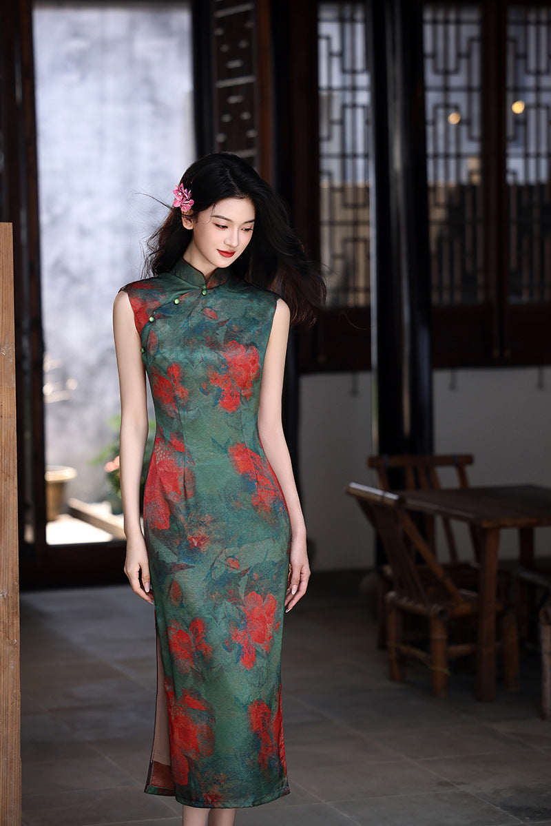 Pine-Green Watercolor Floral Qipao | Sleeveless Slim Long Dress with Side Slit